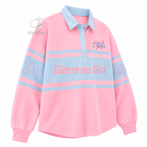 เสื้อรักบี้ลายทางสำหรับผู้หญิง Gamma Phi Delta Sorority แขนยาว คอปกโปโล สีตัดต่อ ปักลายกราฟิก - Product Image 2