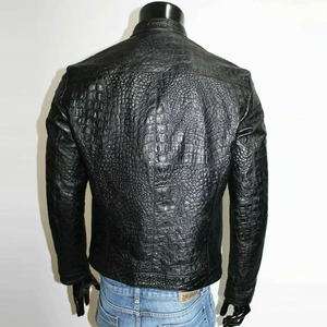 Veste en cuir gaufré croco pour homme, style motard, fermeture éclair sur le devant, col rabattu, coupe ajustée, pour l'automne - Product Image 5