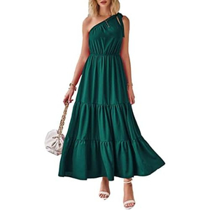 Floral Print Chiffon Maxi <b>Dress</b> One-Shoulder A-Line Casual Summer Leisure High Waist Slim Fit Pink Pleated - Product Image 4