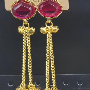 Boucles d'oreilles pendantes en forme de goutte d'eau plaquées or indien avec pierre, longue chaîne, pampilles Ghungroo, bijoux traditionnels bohèmes, vente en gros par paire - Product Image 1