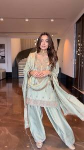 Mint Green Indian Pakistani Wedding Set <b>Women</b> Mid Length <b>Kurta</b> Palazzo Dupatta Loose Fit Embroidered Ethnic Outfit - Product Image 1
