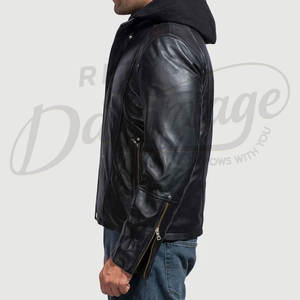 Chaqueta de Cuero Negra para Hombre, Estilo Motero, con Capucha Desmontable, Corte Ajustado, Cuero Genuino, Informal, para Motocicleta, Ropa de Calle - Product Image 4