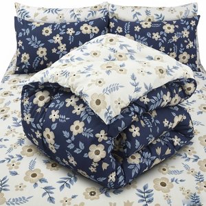 Juego de Edredón con Estampado Floral, Reversible, Patrón Azul y Blanco, Cosido, 100% Algodón T-150, Transpirable para Todas las Estaciones, Uso Doméstico - Product Image 4