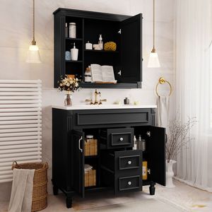Mobile Bagno Moderno da 90 cm con Specchio Nero, Lavabo Integrato, 2 Ante a Chiusura Ammortizzata e 2 Cassetti - Soluzione Salvaspazio - Product Image 4