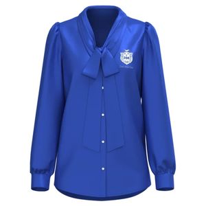 Zeta Phi Beta Bow <b>Blouse</b> Women Blue Long Sleeve Button Front <b>Satin</b> Top Elegant Sorority Apparel Stylish Office Shirt - Product Image 1