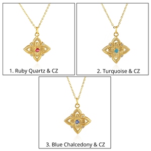 Collar chapado en oro estilo vintage con múltiples gemas redondas pequeñas y colgante de trébol con circonitas, joyería de moda para mujer. - Product Image 1