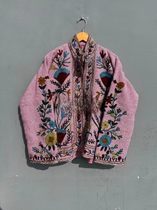 Handcrafted Pink and <b>White</b> Chevron Cotton Quilted <b>Jacket</b> Mandarin Collar Vibrant Floral Kashmiri Aari Hand Embroidery <b>Jacket</b> - Product Image 1