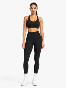 Ensemble de yoga 2 pièces : Crop top dos nageur à col ras du cou et Legging taille haute longueur intégrale, sans couture, noir uni, extensible dans quatre directions, écologique - Product Image 1