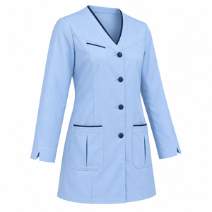 Bata de Laboratorio Médica Ligera Azul Hielo con Ribete Azul Marino, Uniforme de Doctor sin Cuello, Ropa de Trabajo Unisex Personalizada al por Mayor para el Equipo de la Clínica - Product Image 4