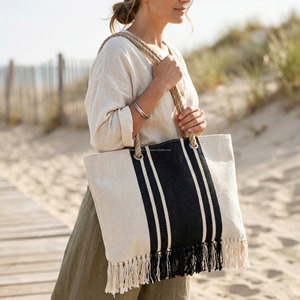 Bolso de Hombro Largo con Flecos y Rayas Tejidas, Bolso de Compras Casual y Elegante para Mujer, Bolso de Playa de Algodón a Rayas - Product Image 2