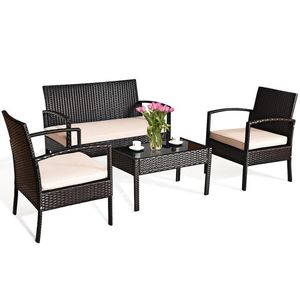 4-Piece <b>Garden</b> Patio Rattan Conversation Set with Loveseat Sofas and <b>Coffee</b> <b>Table</b> - Product Image 1