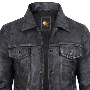 Veste en cuir véritable lavé pour homme 5K, col mandarin, fermeture éclair, coupe ajustée, style moto, coupe-vent, antibactérienne, doublure en sherpa - Product Image 5