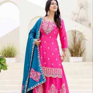 Traje Palazzo de Diseñador Gulkayra, Tela Chinnon de Seda Pesada, Bordado Elegante con Diseño de Secuencia Codificada, Secado Rápido, para Fiestas y Diwali - Product Image 1