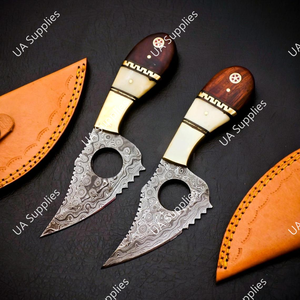 Handmade Damascus Steel Drop Point Finger Hole Serrated Edge DIY Camping Skinner Knife Leather Sheath High Quality Razor Sharp - Product Image 5