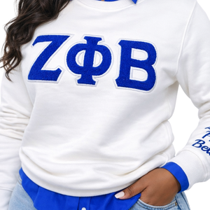 ZPB เสื้อสเวตเตอร์เชนิลล์สีขาวผู้หญิงตัวอักษรกรีกเซต้า ฟี เบต้าเสื้อสเวตเตอร์ปักสีน้ำเงินเสื้อสวมหัวลำลอง - Product Image 6