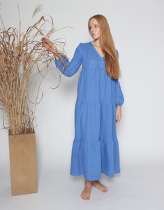 New Arrival Maternity Cotton V-neck Formal Maxi Tiered Kaftan <b>Dress</b> Long Sleeved Eco-Friendly in Cornflower Blue - Product Image 1