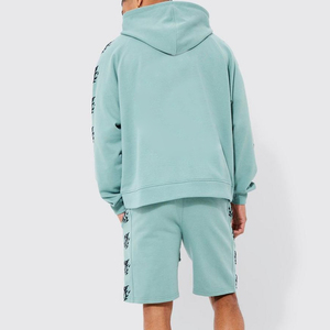 Conjunto de Sudadera con Capucha Color Menta para Hombre con Diseño de Manga Estampada, Conjunto Informal de Verano con Pantalones Cortos de Algodón y Felpa - Product Image 6
