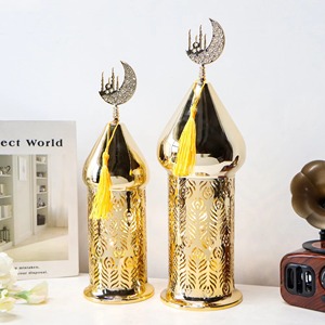 Linternas de Ramadán de metal dorado confiables con forma de luna creciente y borla, decoración interior, funcionan con pilas, tamaño pequeño - Product Image 3