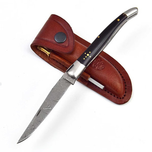 Cuchillo Plegable de Acero de Damasco con Funda de Cuero, Cuchillo de Bolsillo Personalizado Hecho a Mano, EDC, Utilitario para Exteriores, Suministro al por Mayor, EE. UU. y Europa, 58HRC, 3 Años de Garantía - Product Image 1
