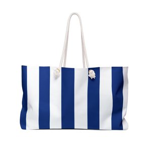Navy Blue White Stripe Rope Handle Weekender <b>Bag</b> Coastal Beach Tote Large Capacity Travel Overnight Carryall Womens Handbag - Product Image 1