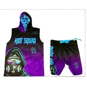 Ensemble de maillots de basket-ball avec impression par sublimation, violet et bleu, débardeur à capuche et short, pour hommes adultes, uniforme respirant en polyester - Product Image 1