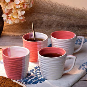Classic Pink Textured Cylinder Ceramic <b>Cup</b> <b>Set</b> of 4 200ml Capacity with Gold Handle for Espresso - Product Image 2