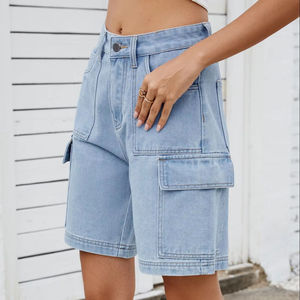 High Rise Light Blue Denim Cargo Shorts With Multiple Pockets Casual Style Breathable Woven Fabric Button Fly Design - Product Image 4