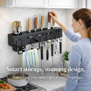 Wall-mounted <b>Storage</b> Organizer <b>Kitchen</b> Knife Spoon Utensils Wall-mounted Holder <b>Rack</b> with Towel Hanger - Product Image 4