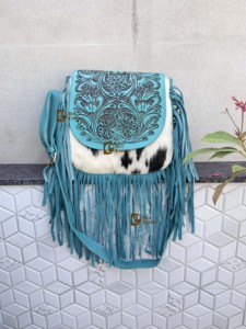 Hermosa Bolsa de Hombro de Cuero con Flecos de Piel de Vaca, Diseño 2026, Hecha a Mano con Tallado y Detalles en Turquesa, Estilo Western - Product Image 5