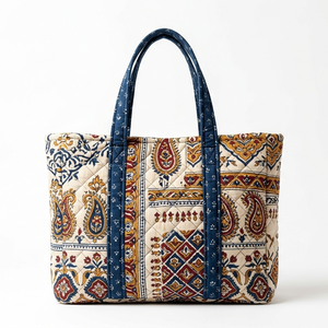 Ethnic Quilted Striped 100% Cotton Large <b>Size</b> Tote <b>Bag</b> with Long Handle and Shopping Use From Rajasthan - Product Image 1