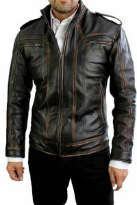 <b>Men's</b> Genuine Leather Motorcycle <b>Jacket</b> Stand Collar Zipper Closure Slim Fit Black Moto Biker Style Autumn Wear - Product Image 3