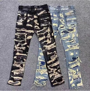 Jeans pour homme délavés, taille mi-haute, anti-froissement, en denim 100% coton, style décontracté, taille plus, avec jambe rugueuse et bas déchiré - Product Image 4