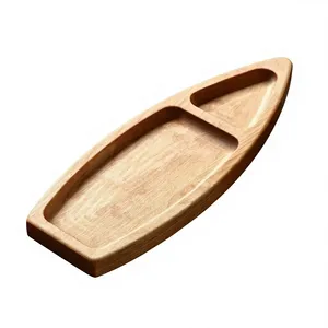 Plateau de service en bois en forme de bateau, plateau de service décoratif en bois pour la table à manger, les collations, le thé et la décoration de la maison - Product Image 1