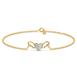 Bracelet en forme de cœur avec ailes d'ange et diamants, chaîne en or jaune et design romantique d'ailes ouvertes au centre - Product Image 2