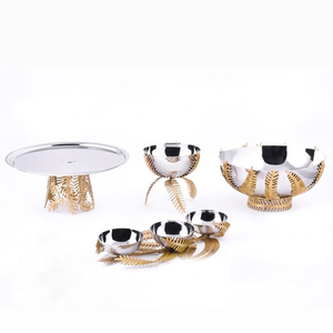 Juego de 3 Diseño decorativo de lujo Acero inoxidable y metal de latón Combinado Tres cuencos Base Forma de hoja Cuenco de comida - Product Image 1