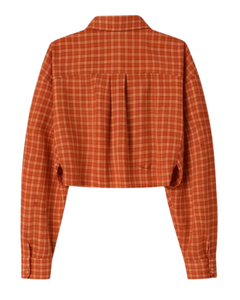 Camisa Corta a Cuadros Naranja Personalizada para Mujer, Cuello Camisero, Manga Larga, Botones, Blusa Informal, Fabricante OEM Personalizado - Product Image 5