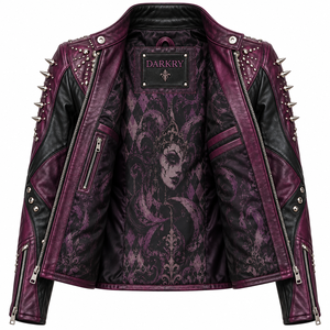 Purple Black Genuine Leather Jacket Jester Graphic Print Spike <b>Stud</b> Collar Snap Stand Biker Coat Custom Manufacturer Service - Product Image 5