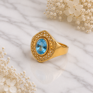Women's Ethnic Blue Topaz <b>Ring</b> Solid 925 Sterling <b>Silver</b> Yellow Gold Plated Ornate Filigree Shield <b>Band</b> Oval Gemstone <b>Ring</b> - Product Image 3