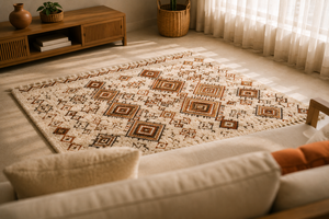 Alfombra de Lana Bereber Marroquí Hecha a Mano, Alfombra Tribal Boho con Nudos a Mano y Patrón Geométrico de Diamantes - Product Image 1