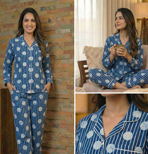 Indigo Cotton Hand Printed <b>Womens</b> Pajama Lounge Set Export Manufacturer India - Product Image 4