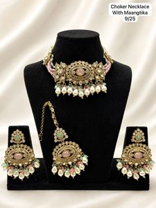 Gold Plated Zinc Alloy Choker Necklace Maangtika Earring <b>Set</b> Imitation <b>Pearl</b> Channel Setting for Women Wedding <b>Jewelry</b> - Product Image 3