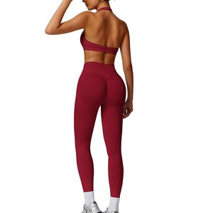 Seamless Yoga Set 2 Piece High Waist <b>Crop</b> <b>Top</b> Full Length Leggings Solid Color Backless Sport Wear for Women - Product Image 1
