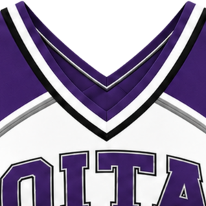 Haut court de cheerleading pour femme, violet, blanc et argenté, sans manches, col en V, pour performance athlétique, uniforme d'équipe de cheerleading, compétition sportive - Product Image 4