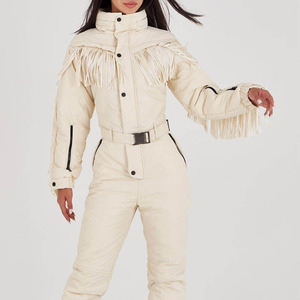 Custom Women Cream Beige One Piece Ski Suit With <b>Fringe</b> Tassel Details Belted Waist Snowsuit Women Slim Fit Jumpsuit Winter - Product Image 5