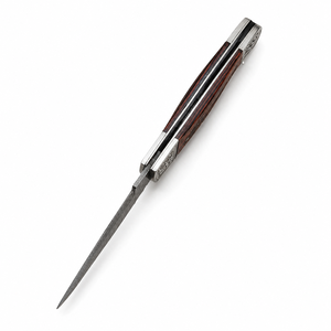 Couteau pliant artisanal en acier Damas inoxydable, pour le camping en plein air, la survie, avec manche en bois et étui en cuir, OEM - Product Image 4