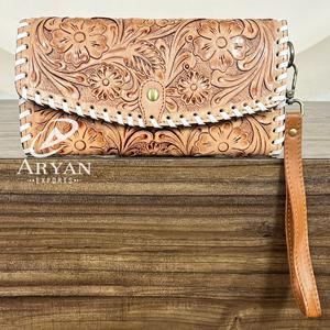 Portefeuille en cuir de vachette fait main, nouvelle collection, motif floral, avec dragonne, protection RFID, idéal pour un usage quotidien – Vente Flash - Product Image 1