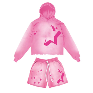 Ensemble sweat-shirt à capuche rose pour femmes, tenue d'été décontractée en molleton français, motif étoile imprimé, ensembles sweat-shirt et sweat-shirt pour hommes - Product Image 1