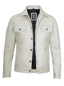 <b>Mens</b> Four Pockets <b>White</b> Leather Trucker <b>Jacket</b> - Product Image 1