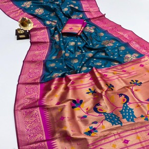 VASTRA COTTAGE Sari de Seda Paithani Suave Premium con Pallu Tejido de Zari Rico, Borde de Zari por Toda la Prenda y Blusa a Juego - Product Image 5