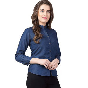 Chemise en jean pour femme, col mandarin, boutonnée, coupe classique, toutes saisons, décontractée, haute qualité, pour le bureau - Product Image 1